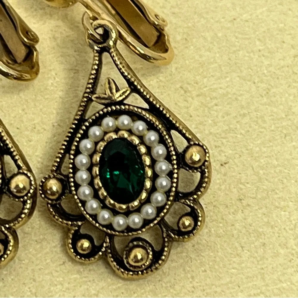Vintage Avon Gold, Pearl, and Green Stone Clip-On Dangling Earrings